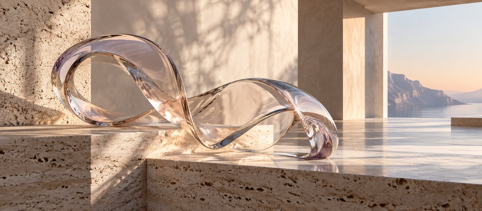 Escultura de vidro translúcido em uma arquitetura de travertino iluminada pelo sol
